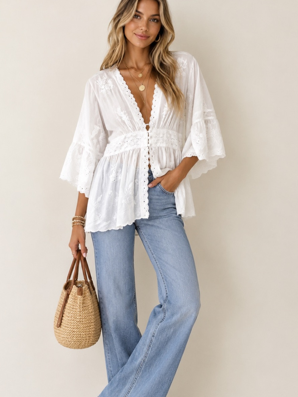 Soft Surroundings Melissani White Embroidered Eyelet Lace Peplum Tunic Top Large